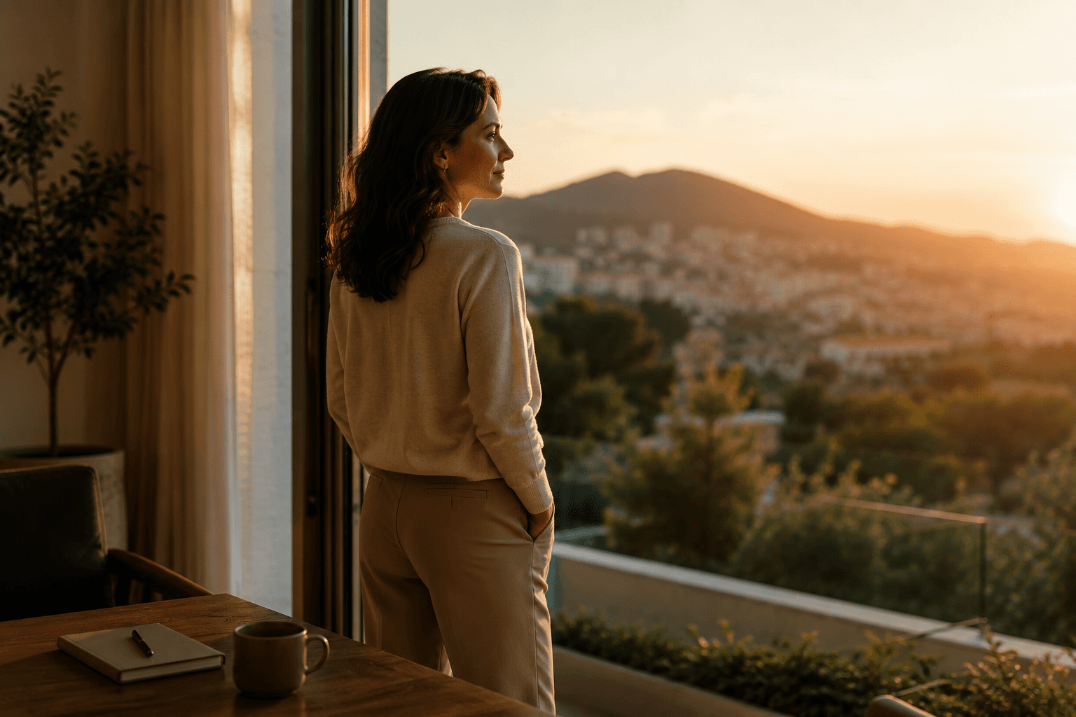 Mulher a olhar pela janela, num momento de pausa ao entardecer